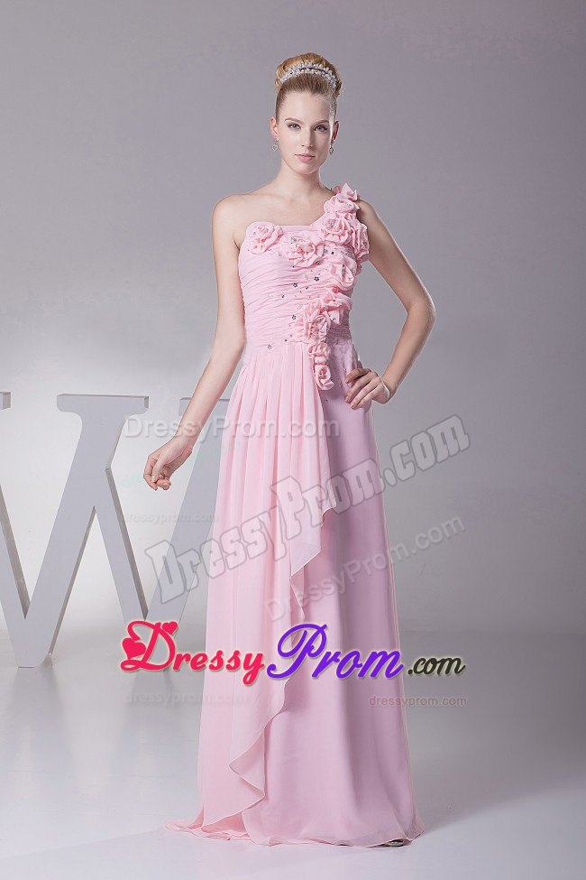 Flowery One Shoulder Pink Prom Evening Dress with Beading Ruches