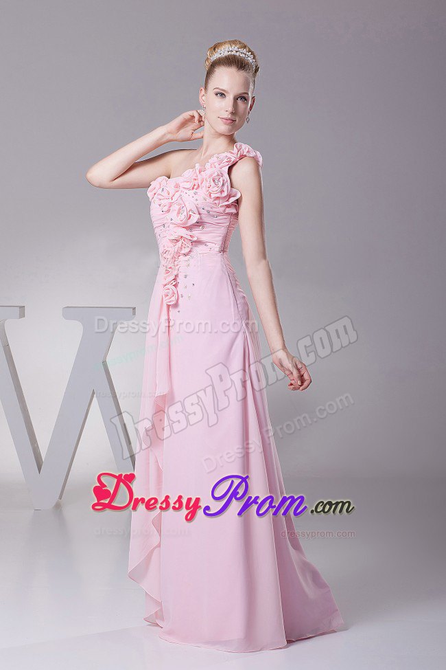 Flowery One Shoulder Pink Prom Evening Dress with Beading Ruches