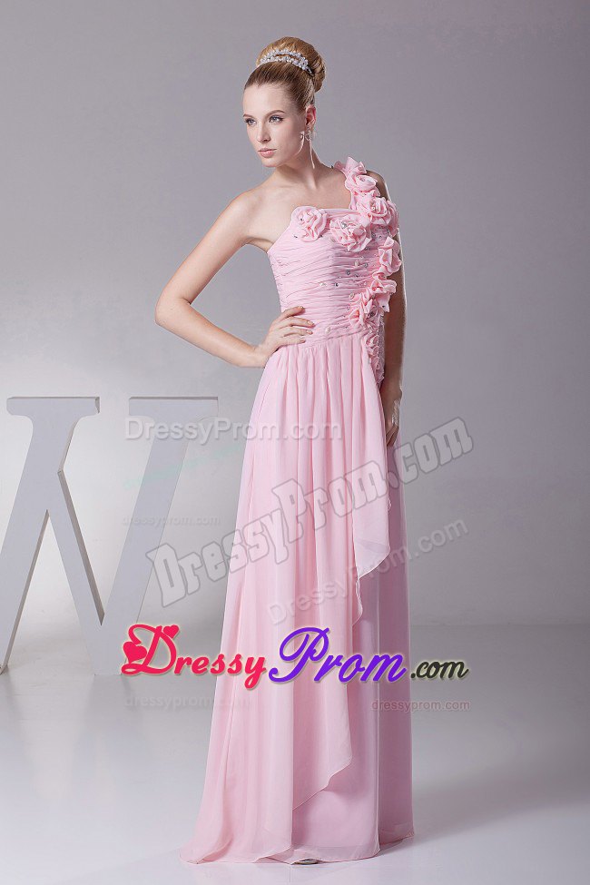 Flowery One Shoulder Pink Prom Evening Dress with Beading Ruches