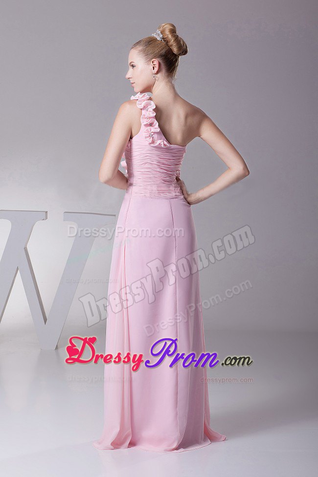 Flowery One Shoulder Pink Prom Evening Dress with Beading Ruches