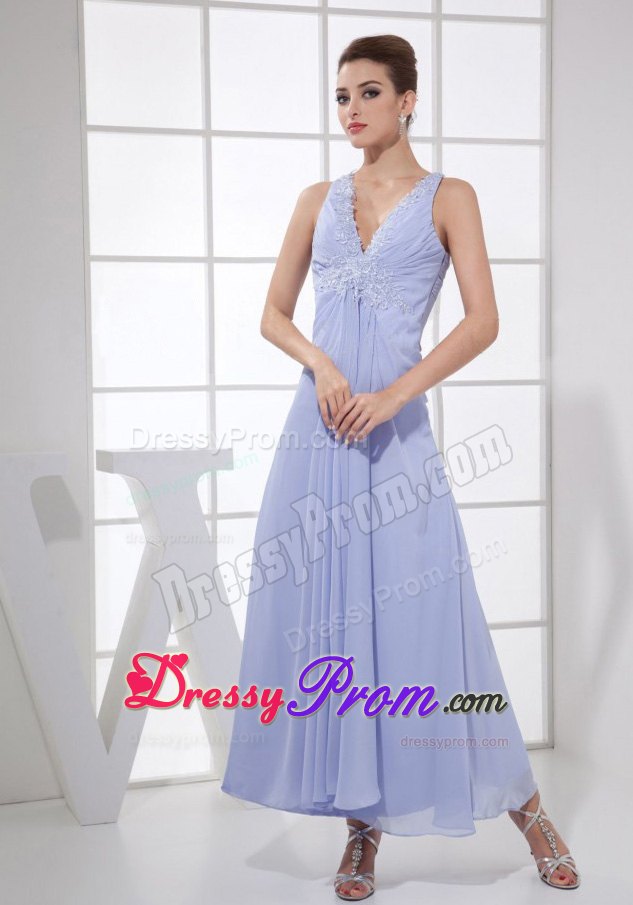 Appliqued and Ruched Lilac V-neck Tea Length Prom Holiday Dress