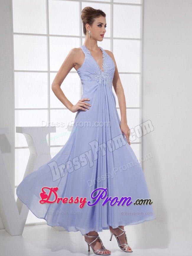 Appliqued and Ruched Lilac V-neck Tea Length Prom Holiday Dress