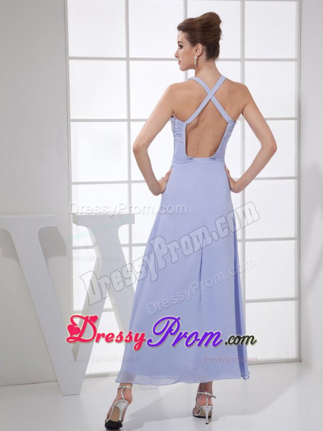 Appliqued and Ruched Lilac V-neck Tea Length Prom Holiday Dress