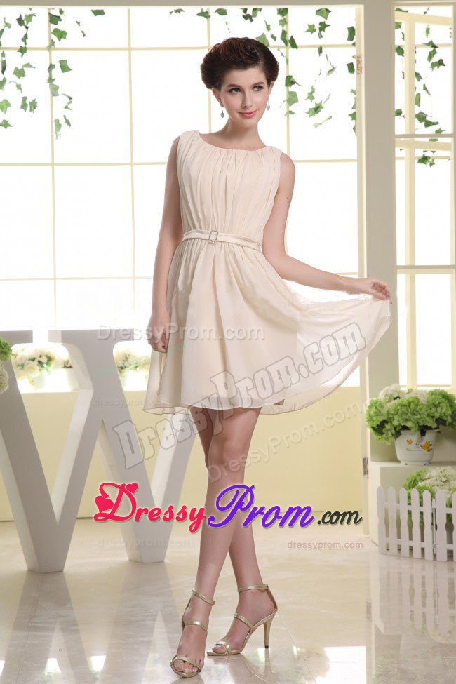 Champagne Scoop Chiffon Prom Holiday Dress with Belt and Ruches