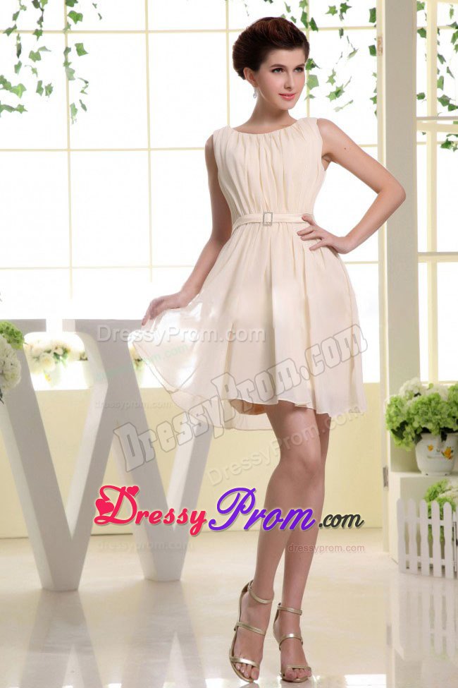 Champagne Scoop Chiffon Prom Holiday Dress with Belt and Ruches