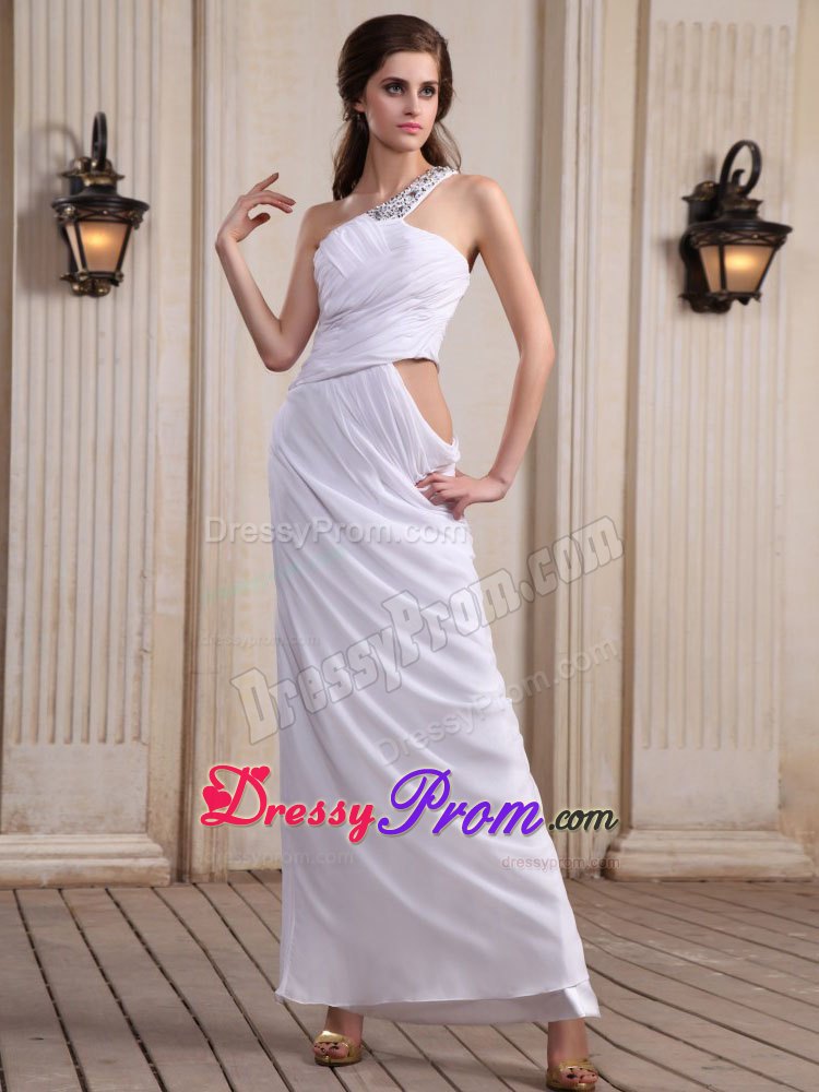 One Shoulder Tea Length White Prom Holiday Dress with Beading 2013