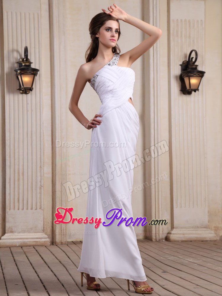One Shoulder Tea Length White Prom Holiday Dress with Beading 2013
