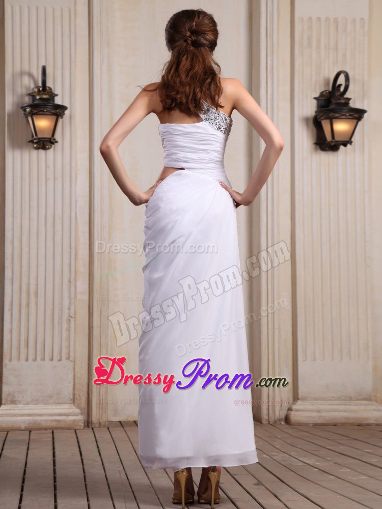 One Shoulder Tea Length White Prom Holiday Dress with Beading 2013