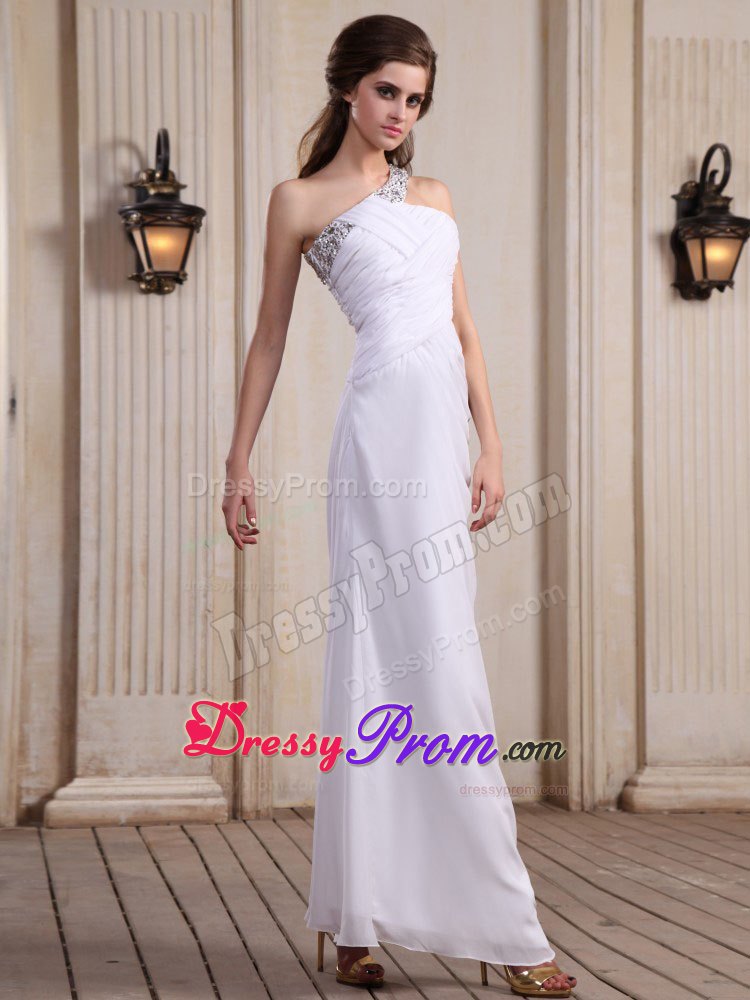 One Shoulder Tea Length White Prom Holiday Dress with Beading 2013