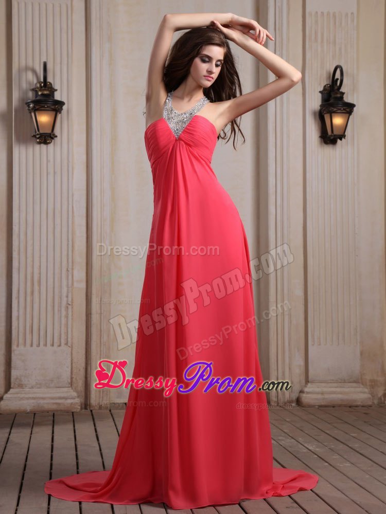 Coral Red V-neck Column Beaded Prom Holiday Dress with Brush Train