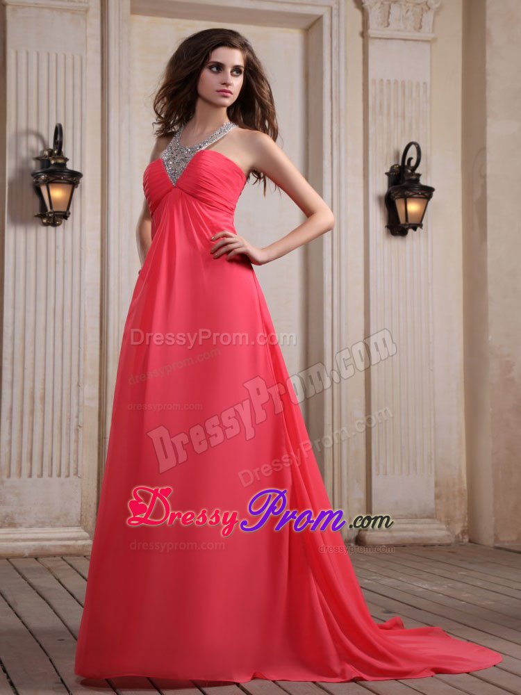 Coral Red V-neck Column Beaded Prom Holiday Dress with Brush Train