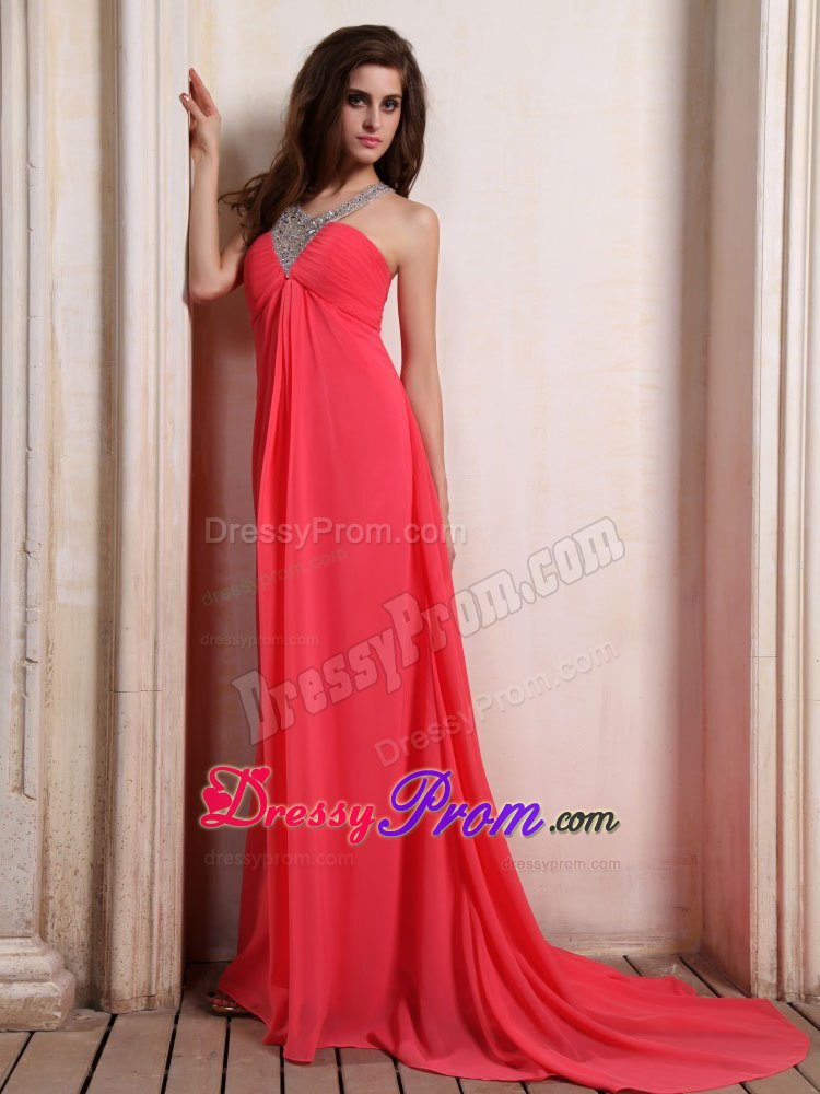 Coral Red V-neck Column Beaded Prom Holiday Dress with Brush Train