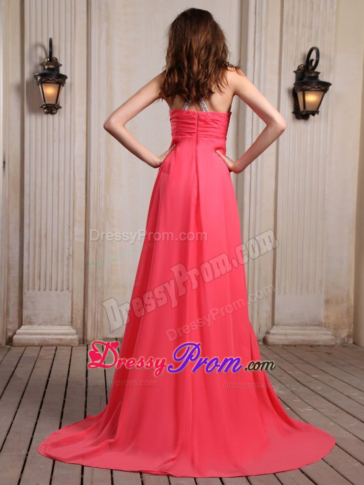 Coral Red V-neck Column Beaded Prom Holiday Dress with Brush Train