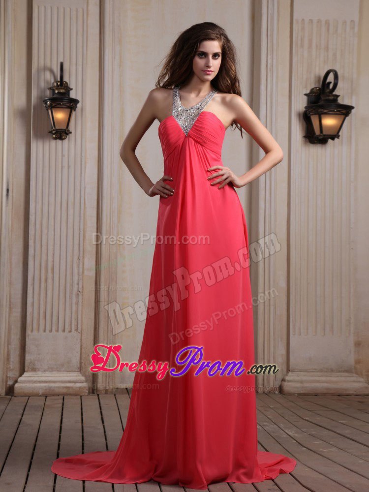 Coral Red V-neck Column Beaded Prom Holiday Dress with Brush Train