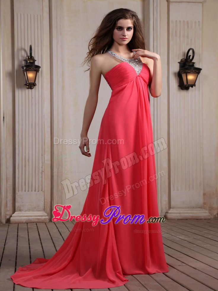 Coral Red V-neck Column Beaded Prom Holiday Dress with Brush Train