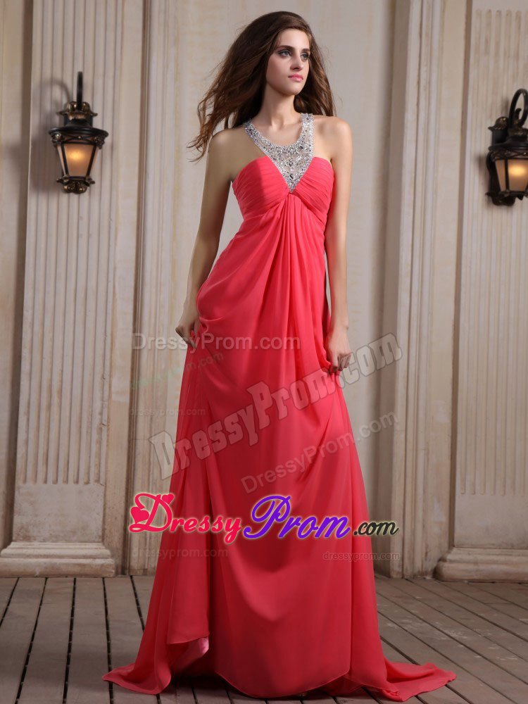 Coral Red V-neck Column Beaded Prom Holiday Dress with Brush Train