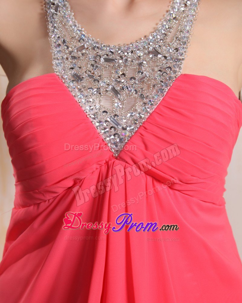 Coral Red V-neck Column Beaded Prom Holiday Dress with Brush Train