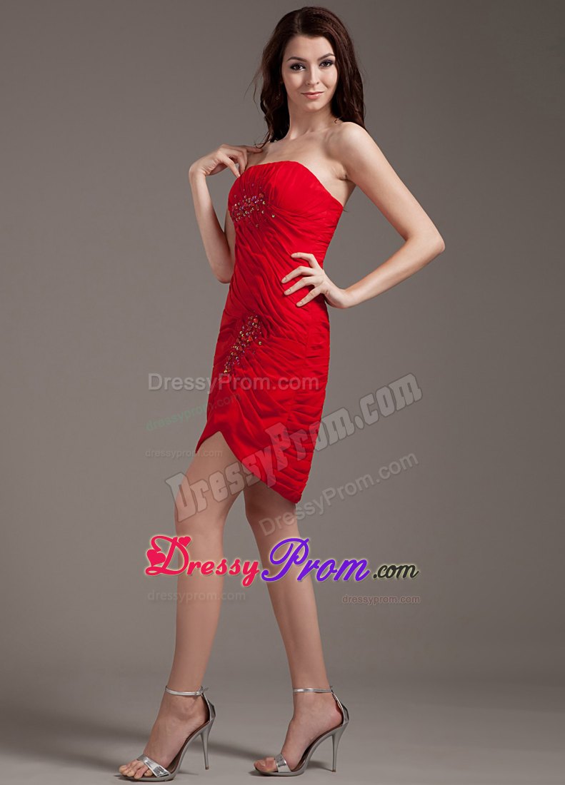 Red Column Mini Chiffon Prom Holiday Dress with Beading and Ruches