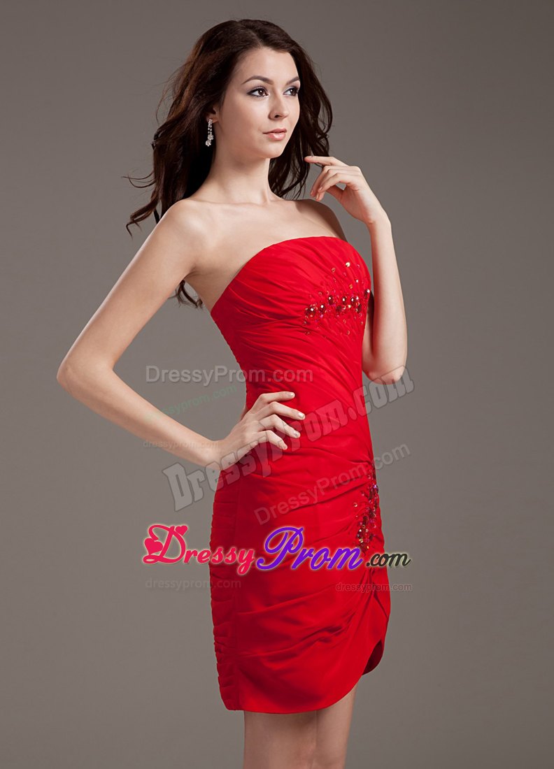 Red Column Mini Chiffon Prom Holiday Dress with Beading and Ruches