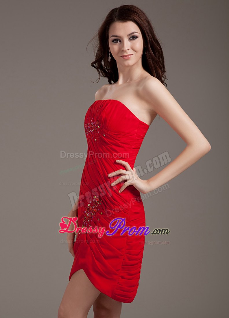 Red Column Mini Chiffon Prom Holiday Dress with Beading and Ruches