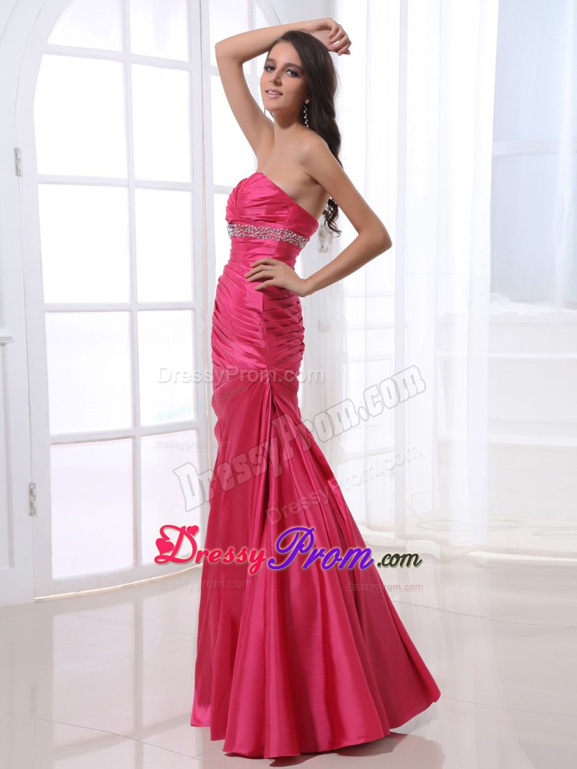 Ruched and Beaded Column Long Prom Gown Dresses in Hot Pink 2014