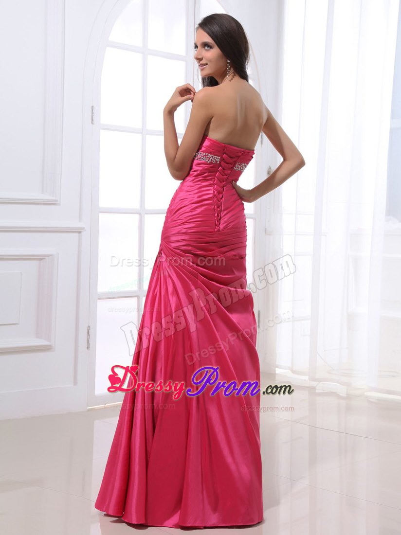 Ruched and Beaded Column Long Prom Gown Dresses in Hot Pink 2014