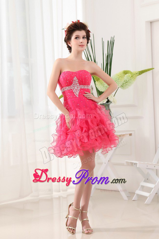 Beaded and Ruched Hot Pink Mini Prom Evening Dress with Ruffles