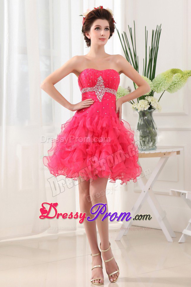 Beaded and Ruched Hot Pink Mini Prom Evening Dress with Ruffles