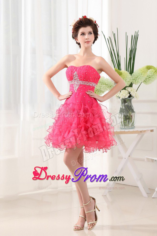 Beaded and Ruched Hot Pink Mini Prom Evening Dress with Ruffles