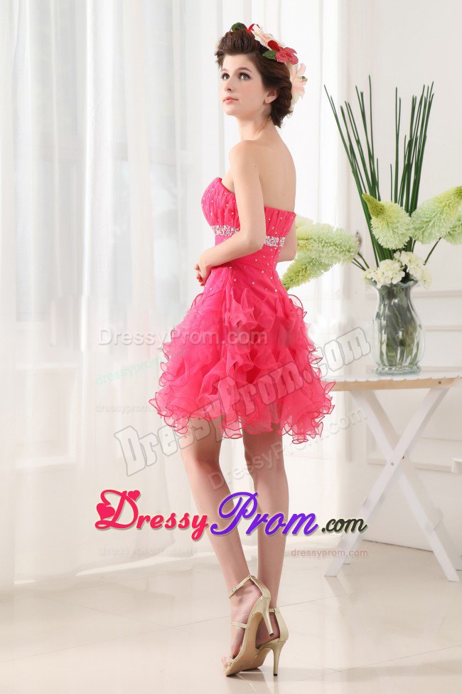Beaded and Ruched Hot Pink Mini Prom Evening Dress with Ruffles