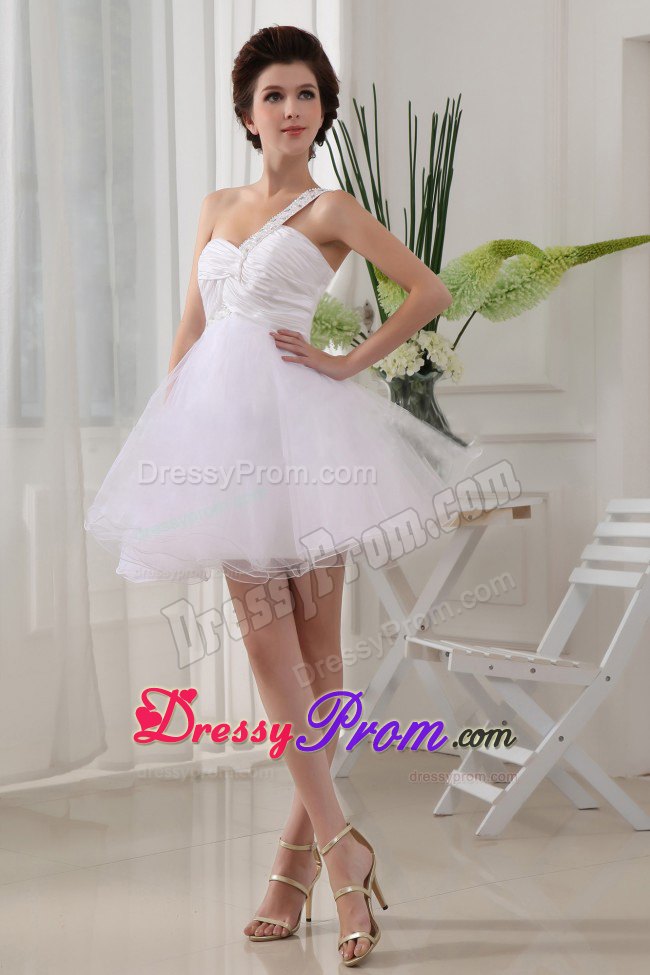 White One Shoulder Organza Prom Evening Dress with Beading and Ruches