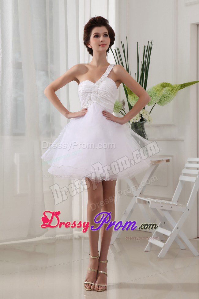 White One Shoulder Organza Prom Evening Dress with Beading and Ruches