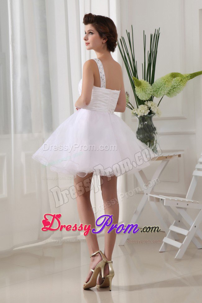 White One Shoulder Organza Prom Evening Dress with Beading and Ruches