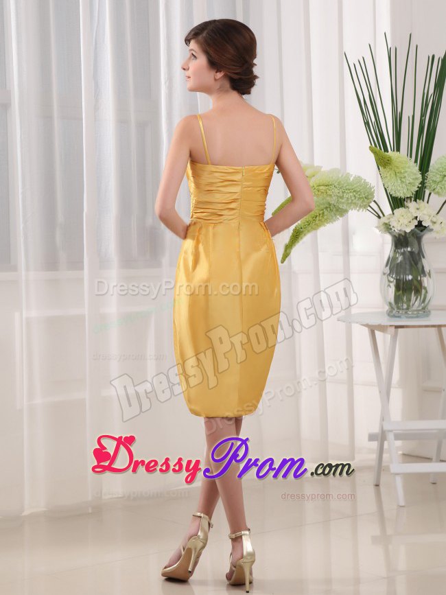 Ruched Short Gold Prom Evening Dress with Spaghetti Straps 2013