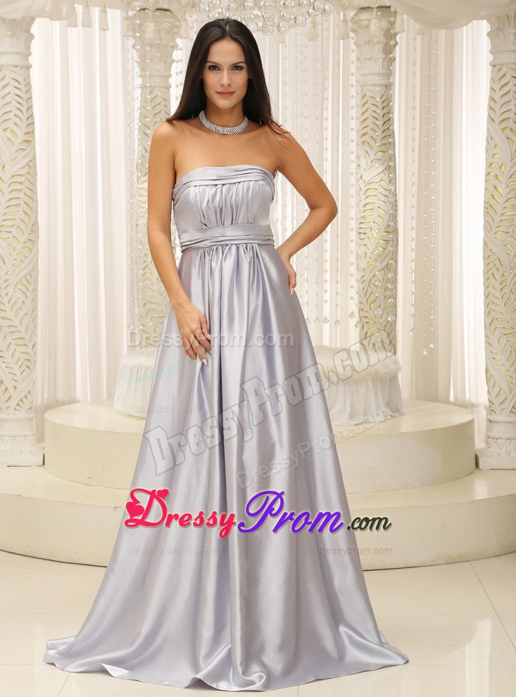 Ruched Strapless Silver Prom Gown Dress with Brush Train on Sale