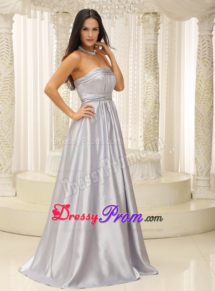 Ruched Strapless Silver Prom Gown Dress with Brush Train on Sale