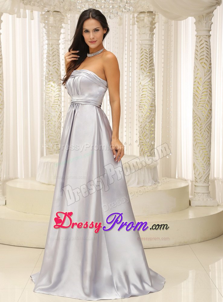 Ruched Strapless Silver Prom Gown Dress with Brush Train on Sale