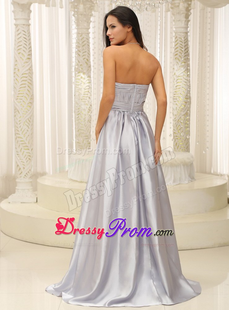 Ruched Strapless Silver Prom Gown Dress with Brush Train on Sale