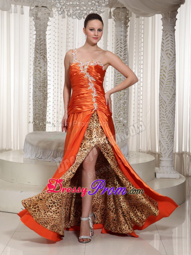Orange Red One Shoulder Prom Gown Dress with Appliques Leopard Print