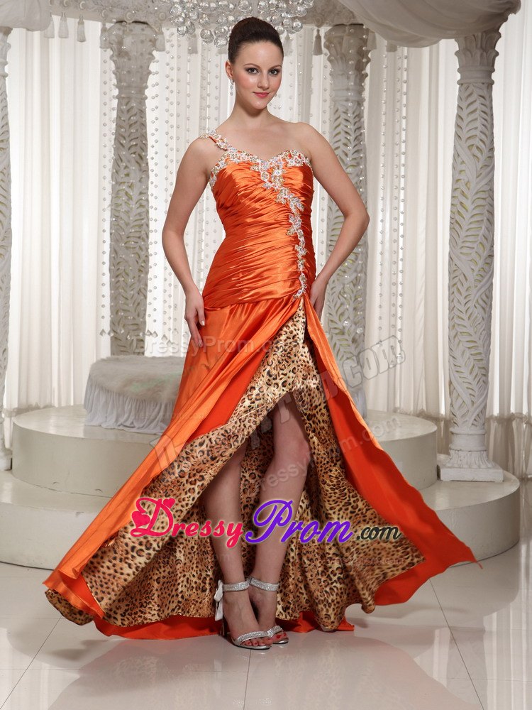 Orange Red One Shoulder Prom Gown Dress with Appliques Leopard Print