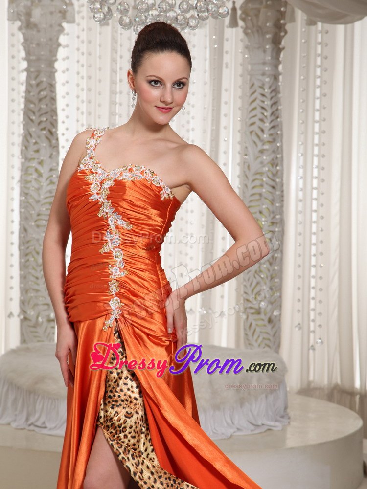 Orange Red One Shoulder Prom Gown Dress with Appliques Leopard Print