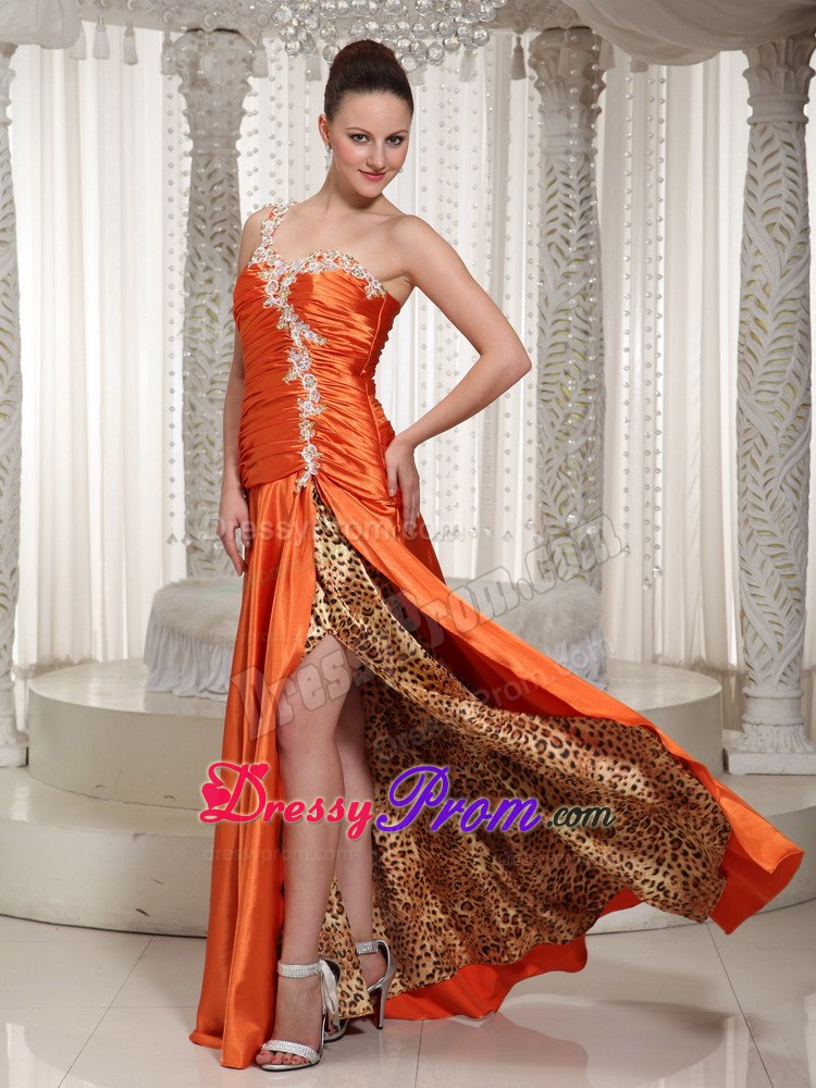 Orange Red One Shoulder Prom Gown Dress with Appliques Leopard Print
