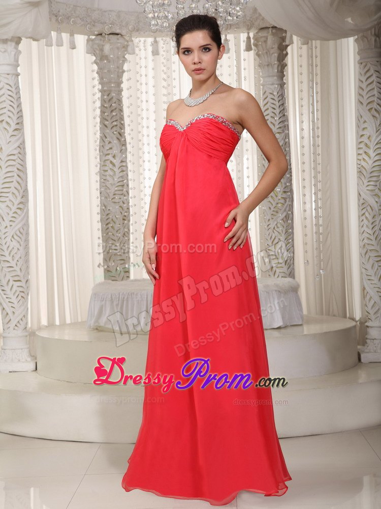 Coral Red Sweetheart Beaded Dresses for Prom Night of Floor Length