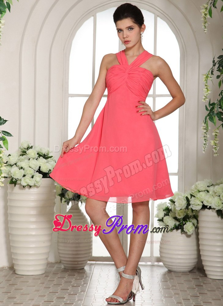 Ruched V-neck Mini Length Chiffon Prom Court Dresses in Coral Red