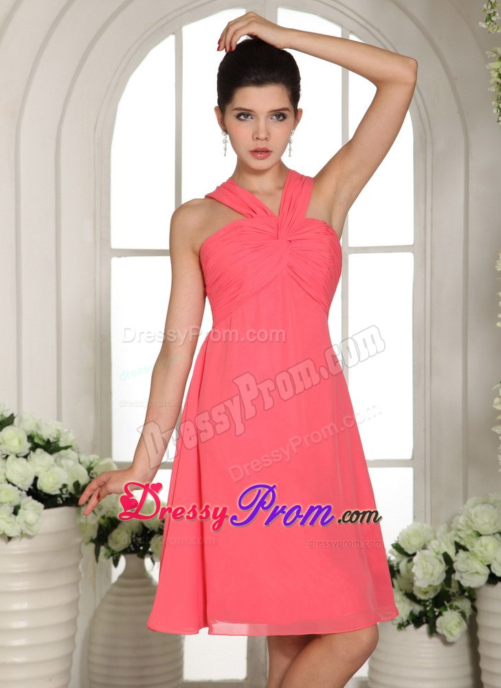 Ruched V-neck Mini Length Chiffon Prom Court Dresses in Coral Red