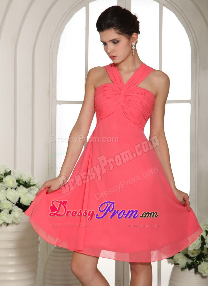 Ruched V-neck Mini Length Chiffon Prom Court Dresses in Coral Red