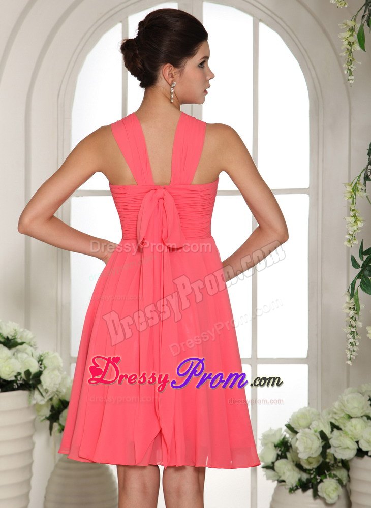 Ruched V-neck Mini Length Chiffon Prom Court Dresses in Coral Red
