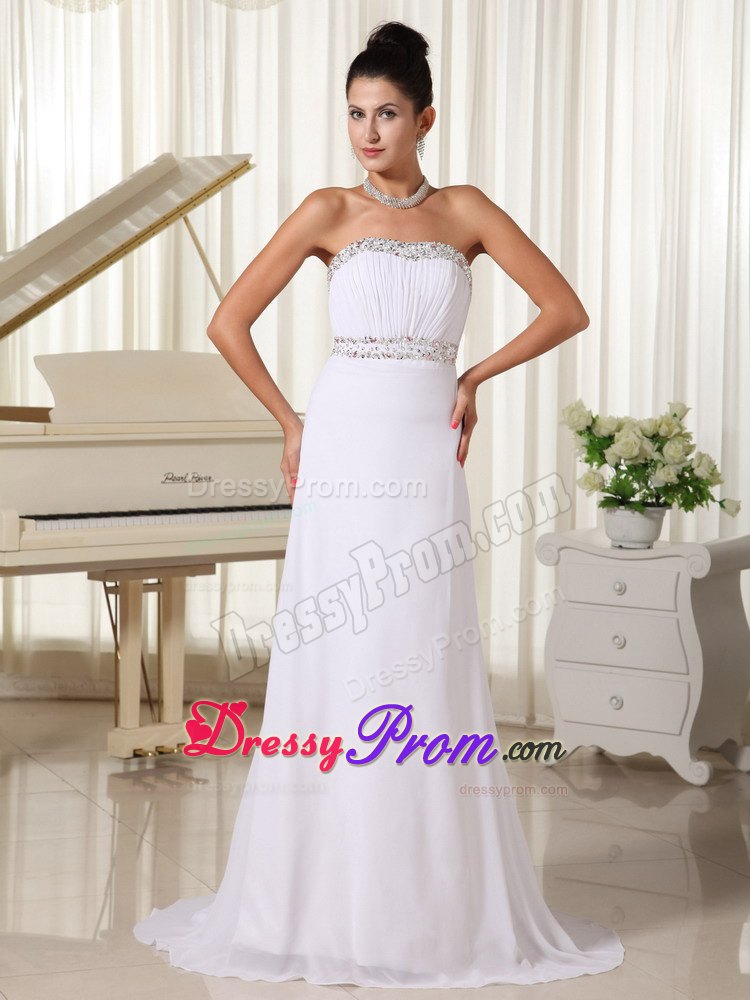 Ruched and Beaded White Strapless Prom Court Dresses Brush Train