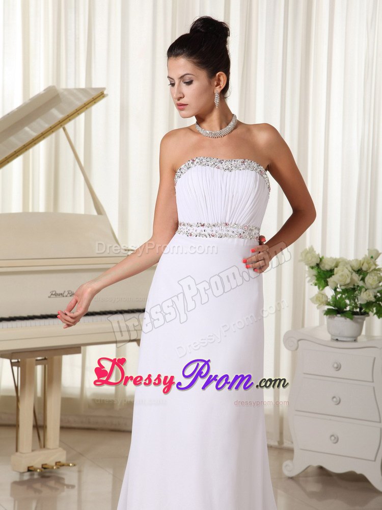 Ruched and Beaded White Strapless Prom Court Dresses Brush Train