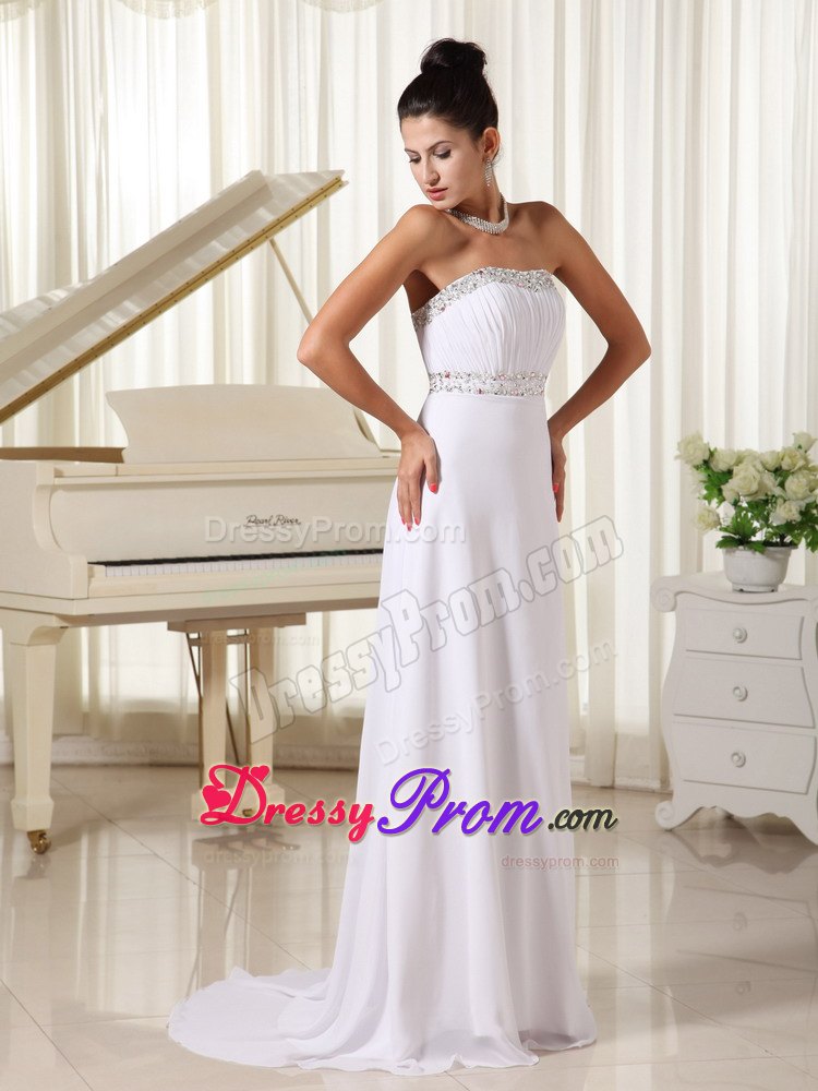 Ruched and Beaded White Strapless Prom Court Dresses Brush Train